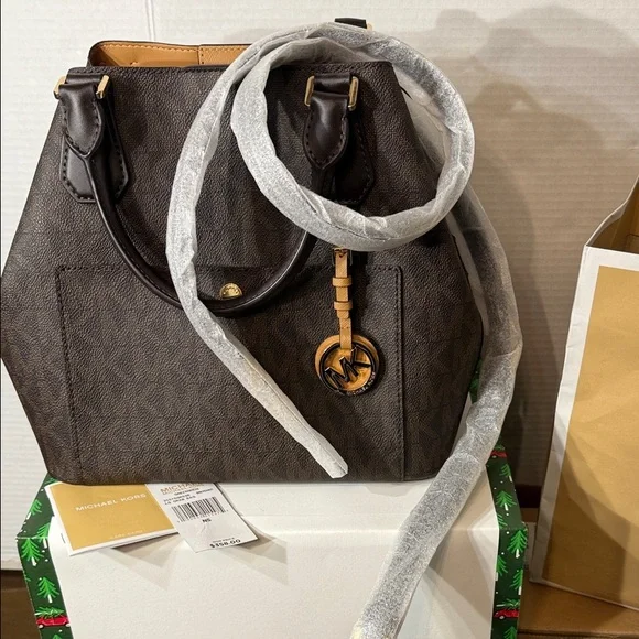 NWT Michael Kors Brown Logo Greenwich Large Grab Bag Tote Satchel MK Signature - Picture 4 of 14